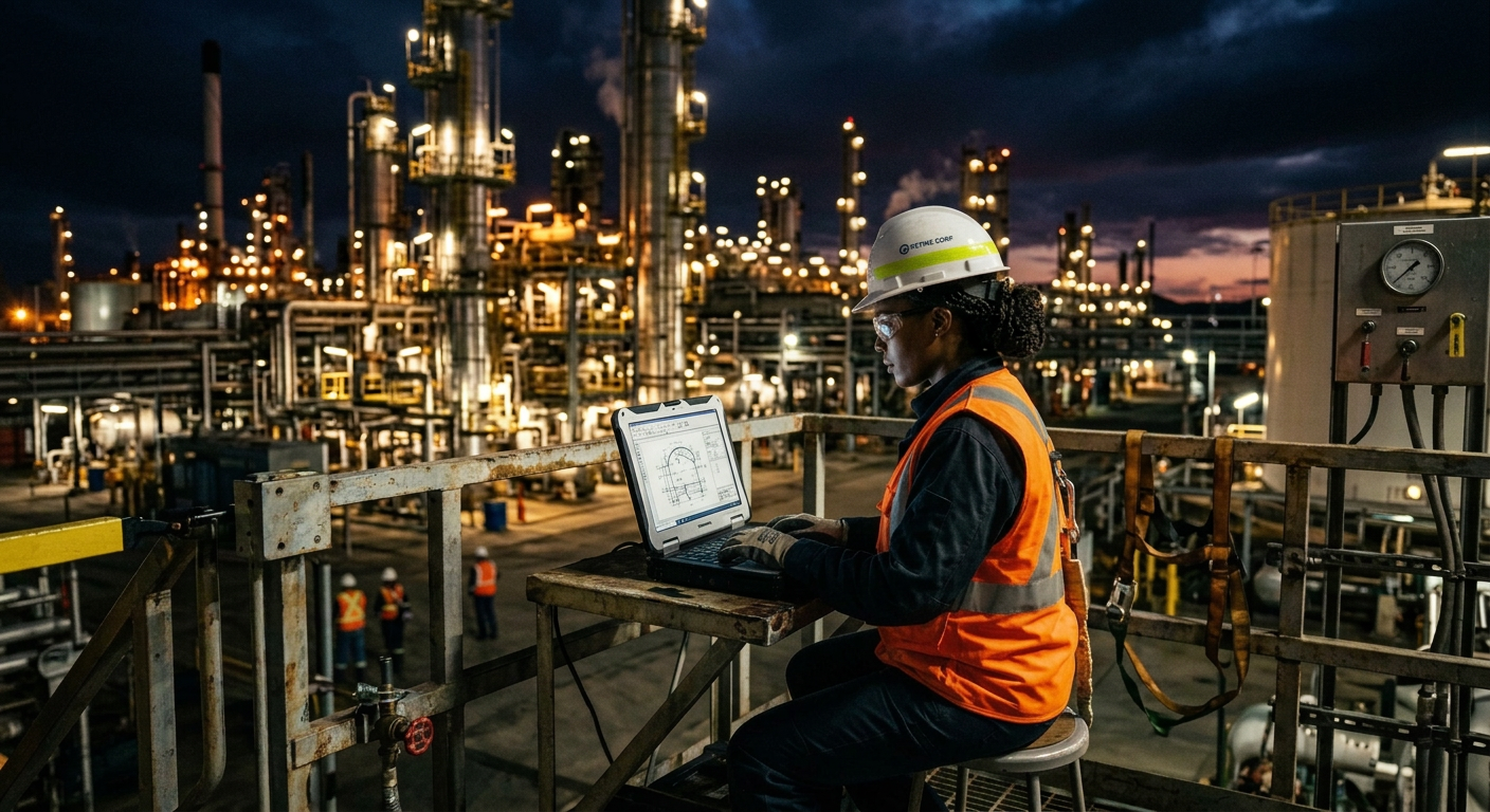 Felion engineer at oil refinery facility at night