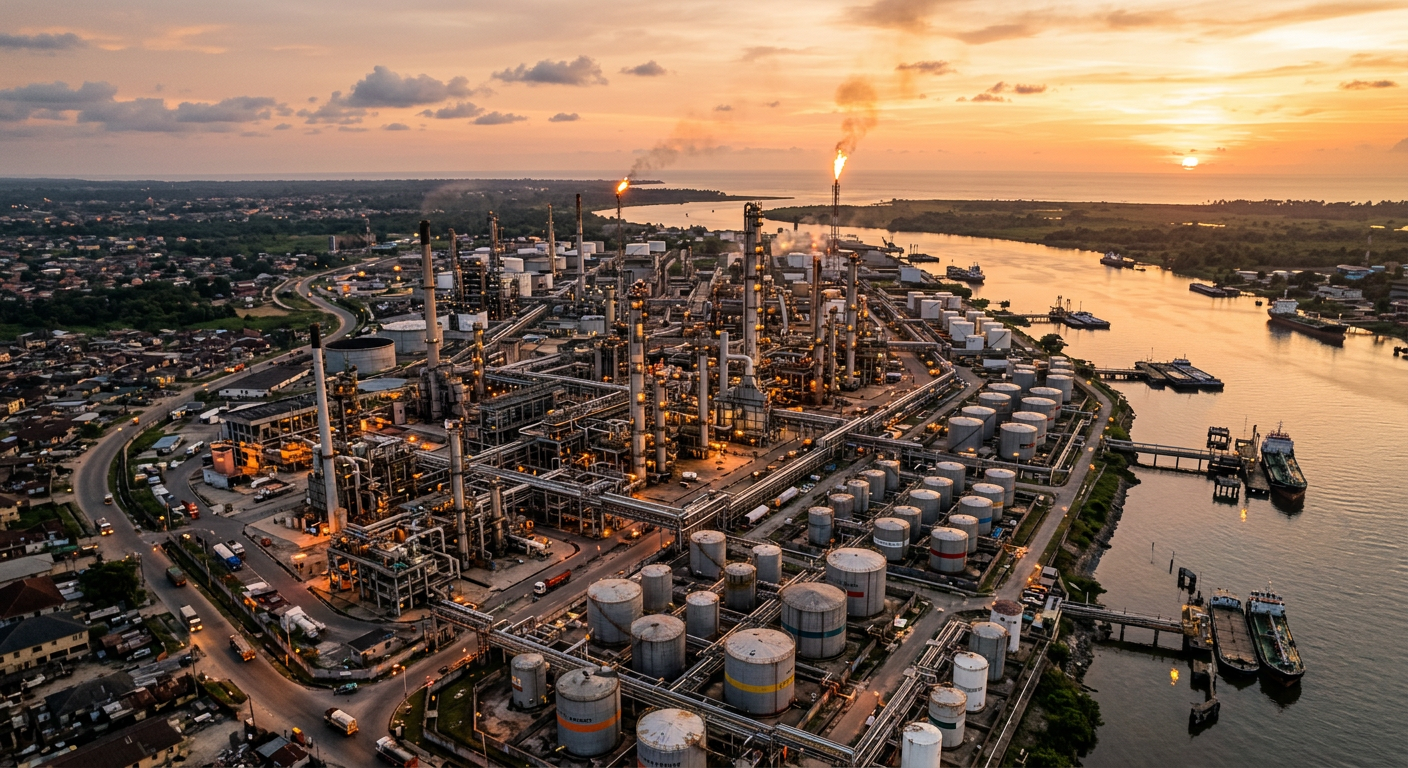 Aerial view of FNL oil and gas facility at sunset